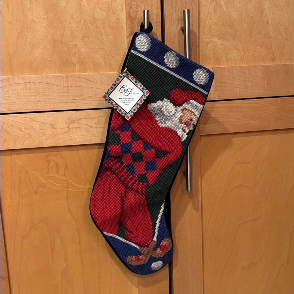 Vintage Needlepoint Woolen Golfing Santa Claus Christmas Stocking